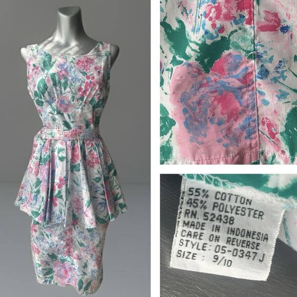Vintage 80s Peplum Floral Dress Size 9/10 Sleeveless Garden Party Cottage VLV - Picture 1 of 16
